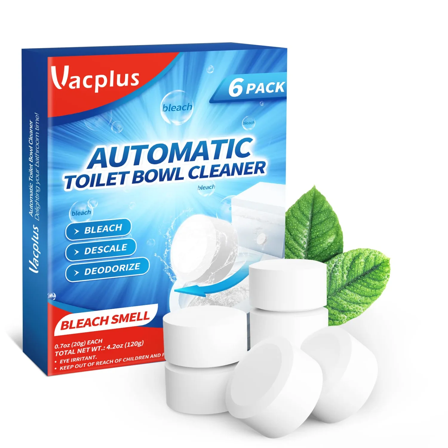 Vacplus Toilet Bowl Cleaner Tablets 6 PACK, Automatic Toilet Bowl Cleaners with Bleach, Durable Toilet Tank Cleaners with Sustained-Release Technology, Household Toilet Cleaners with Easy Operation