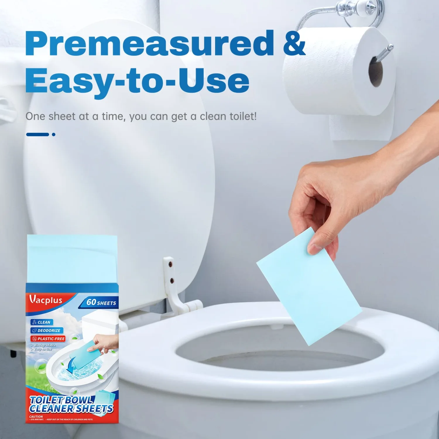 Vacplus Toilet Bowl Cleaners - Eco-Friendly Toilet Bowl Cleaner Strips, Plastic-Free Toilet Cleaning Strips, Pre-Measured & Biodegradable Cleaning Stips, Efficiently Remove Stains & Odors, 60 Sheets