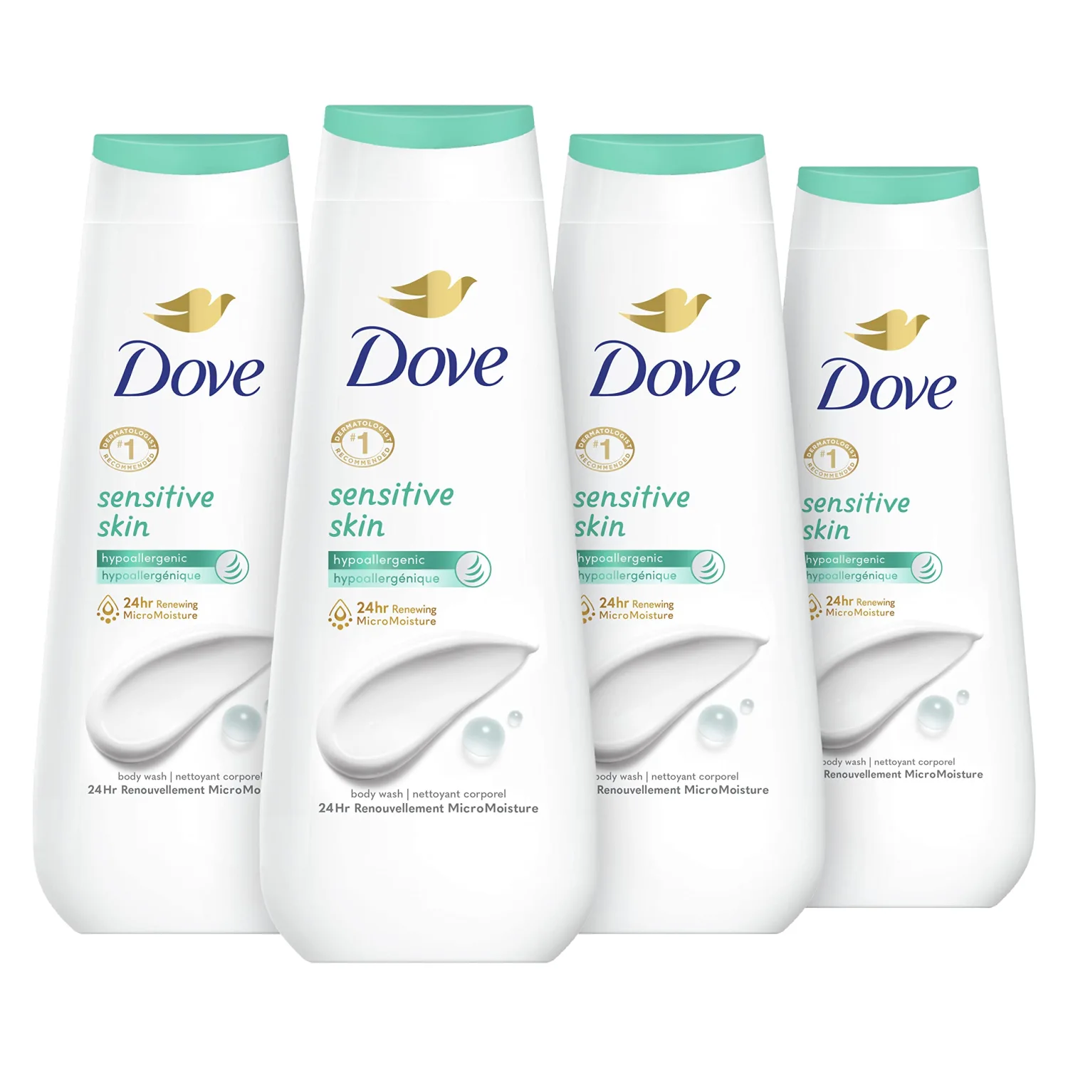 Dove Body Wash Sensitive Skin 4 Count Hypoallergenic, Paraben-Free, Sulfate-Free, Cruelty-Free, Moisturizing Cleanser Effectively Washes Away Bacteria While Nourishing Skin 20 oz