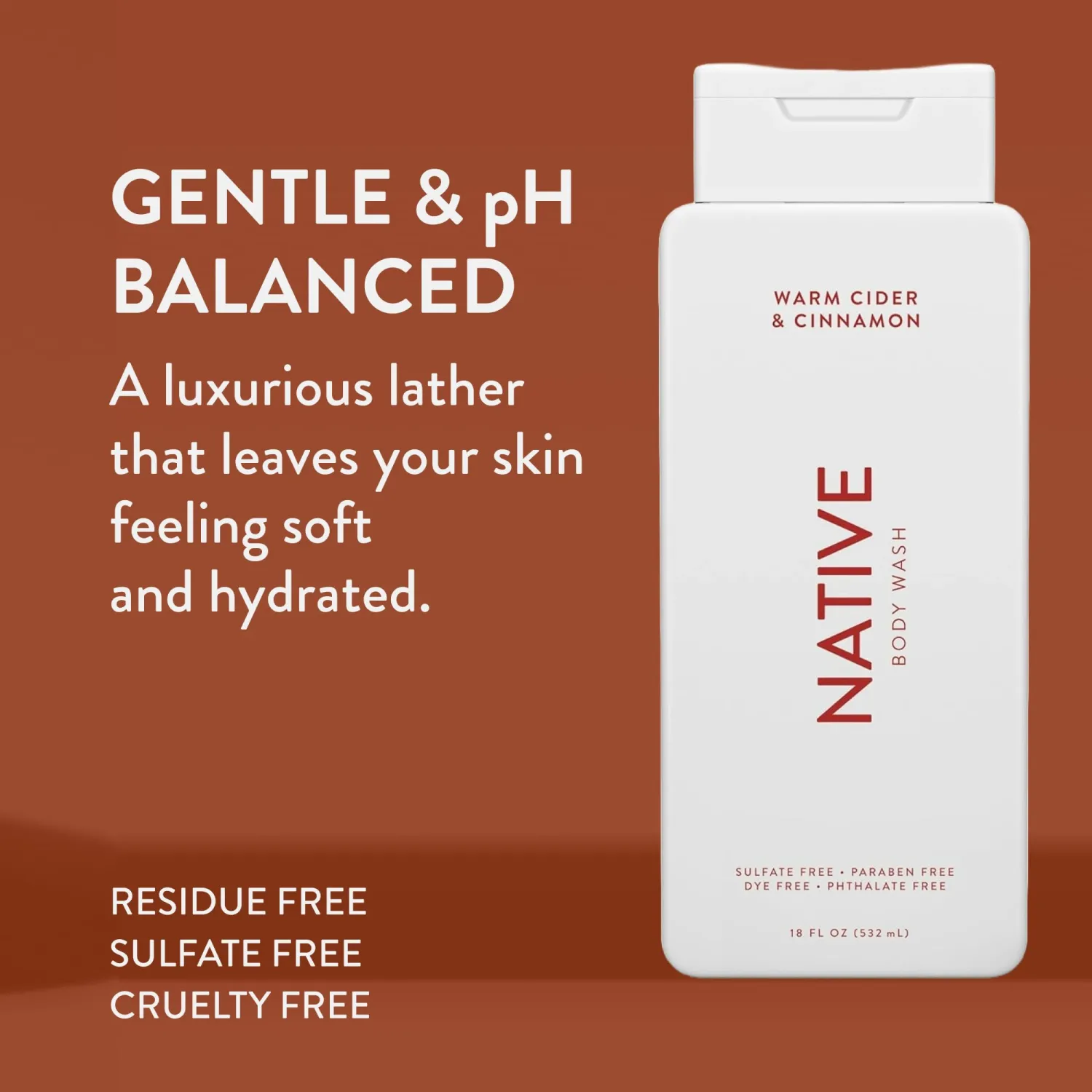 Native Body Wash for Women & Men | Sulfate Free, Paraben Free, Dye Free, with Naturally Derived Clean Ingredients Leaving Skin Soft and Hydrating, Warm Cider & Cinnamon 18 oz - 2 Pk