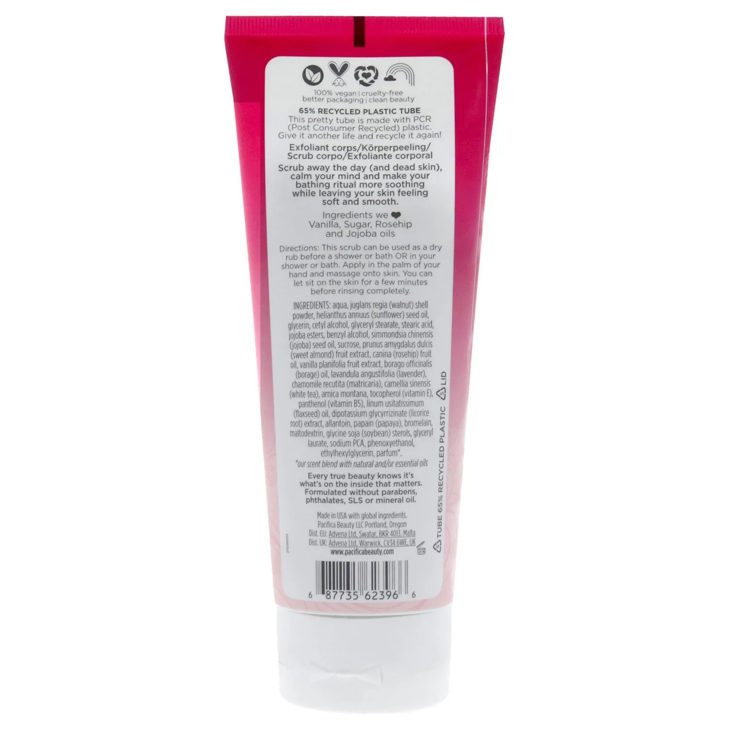 Pacifica Beauty, Island Vanilla Body Scrub, Exfoliating, Sugar, Rosehip Oil, Body Polish, Bath & Shower, Clean, Paraben, Vegan + Cruelty Free, Pink, 6 Oz