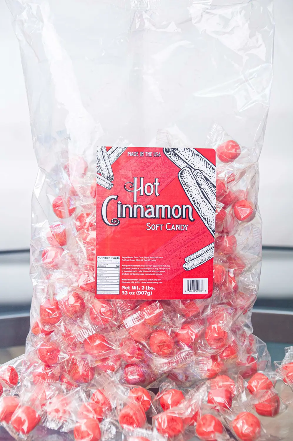 Stewart Old Fashioned Hot Cinnamon Flavored Pure Sugar Candy Puff Balls - Individually Wrapped Candy Snack, Fat-Free, Cholesterol-Free, Gluten-Free, Made in the USA - 2 Pound Bag