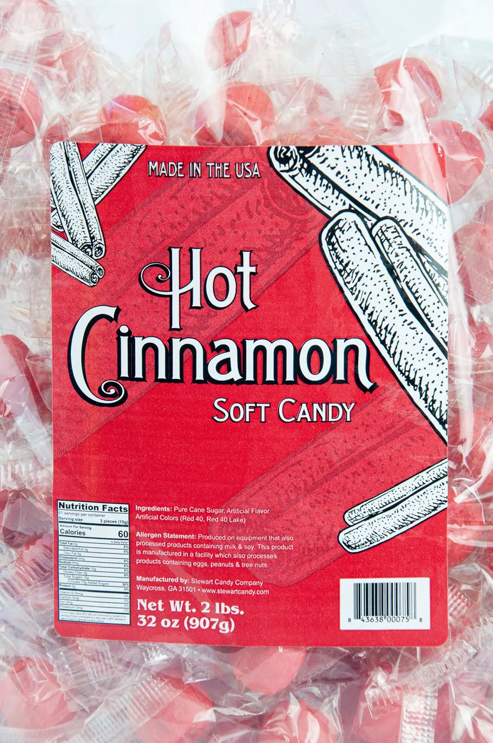 Stewart Old Fashioned Hot Cinnamon Flavored Pure Sugar Candy Puff Balls - Individually Wrapped Candy Snack, Fat-Free, Cholesterol-Free, Gluten-Free, Made in the USA - 2 Pound Bag