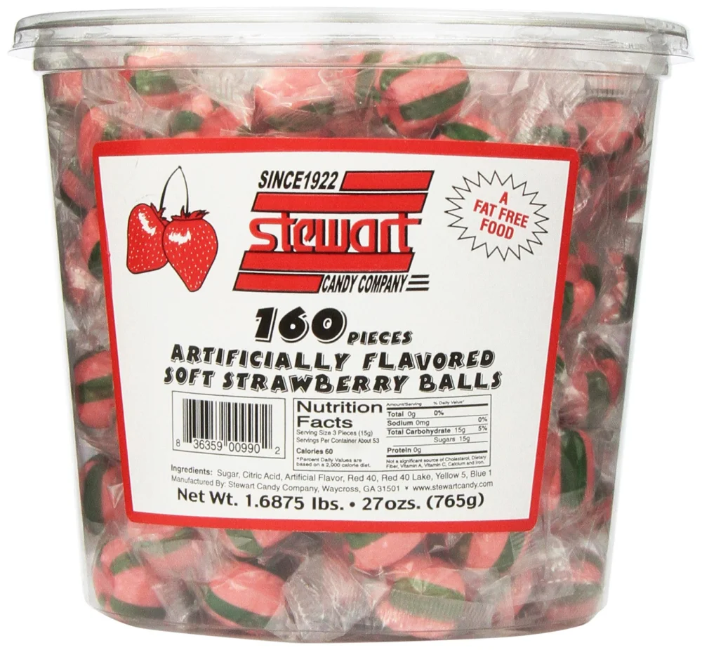 Stewart Old Fashioned Strawberry Flavored Pure Sugar Candy Puff Balls - Individually Wrapped Candy Snack, Fat-Free, Cholesterol-Free, Gluten-Free, Made in the USA - 27oz Tub