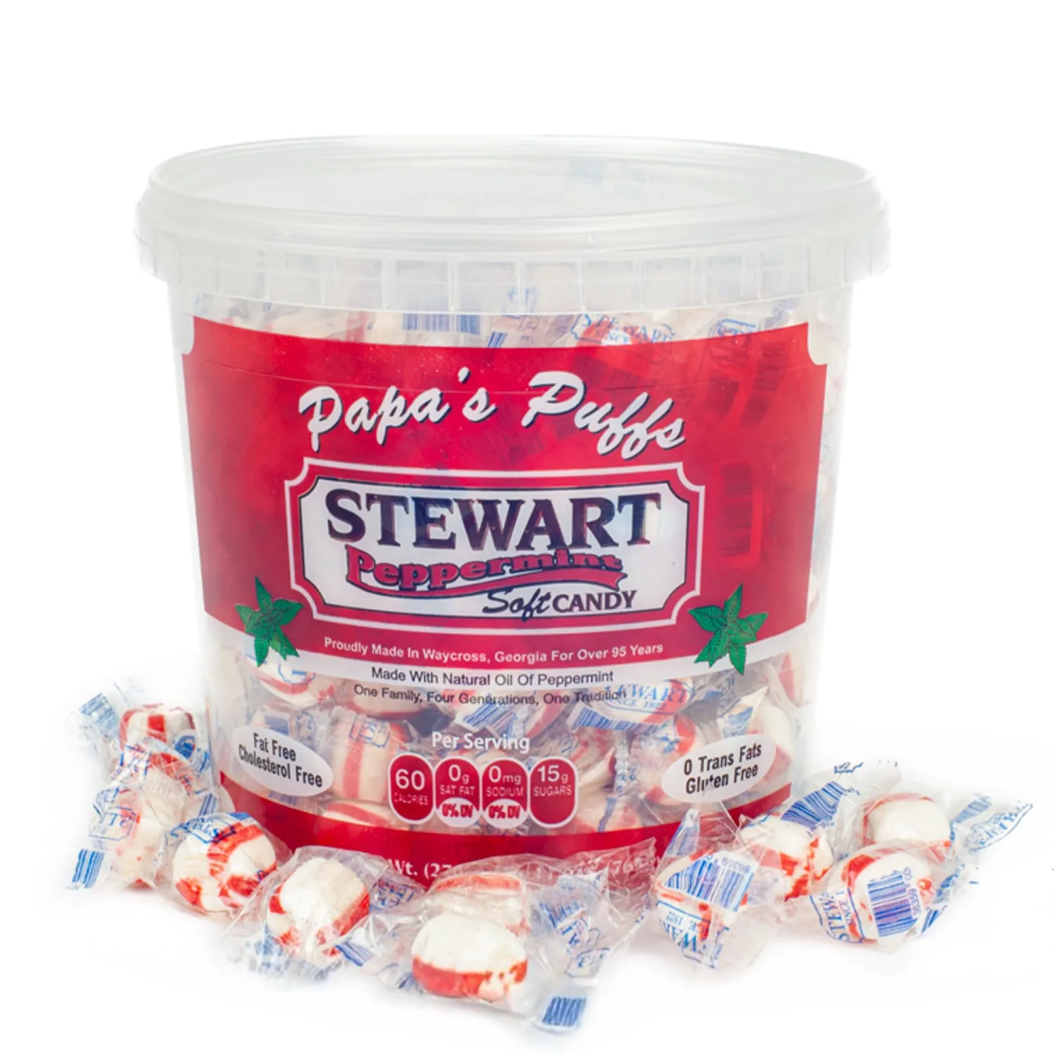 Stewart Old Fashioned Peppermint Candy Puffs | Individually Wrapped Candy | Pure Cane Sugar Candy | Fat-Free, Cholesterol-Free, Gluten-Free | Classic Soft/Hard Texture, Made in USA - 27 oz Tub