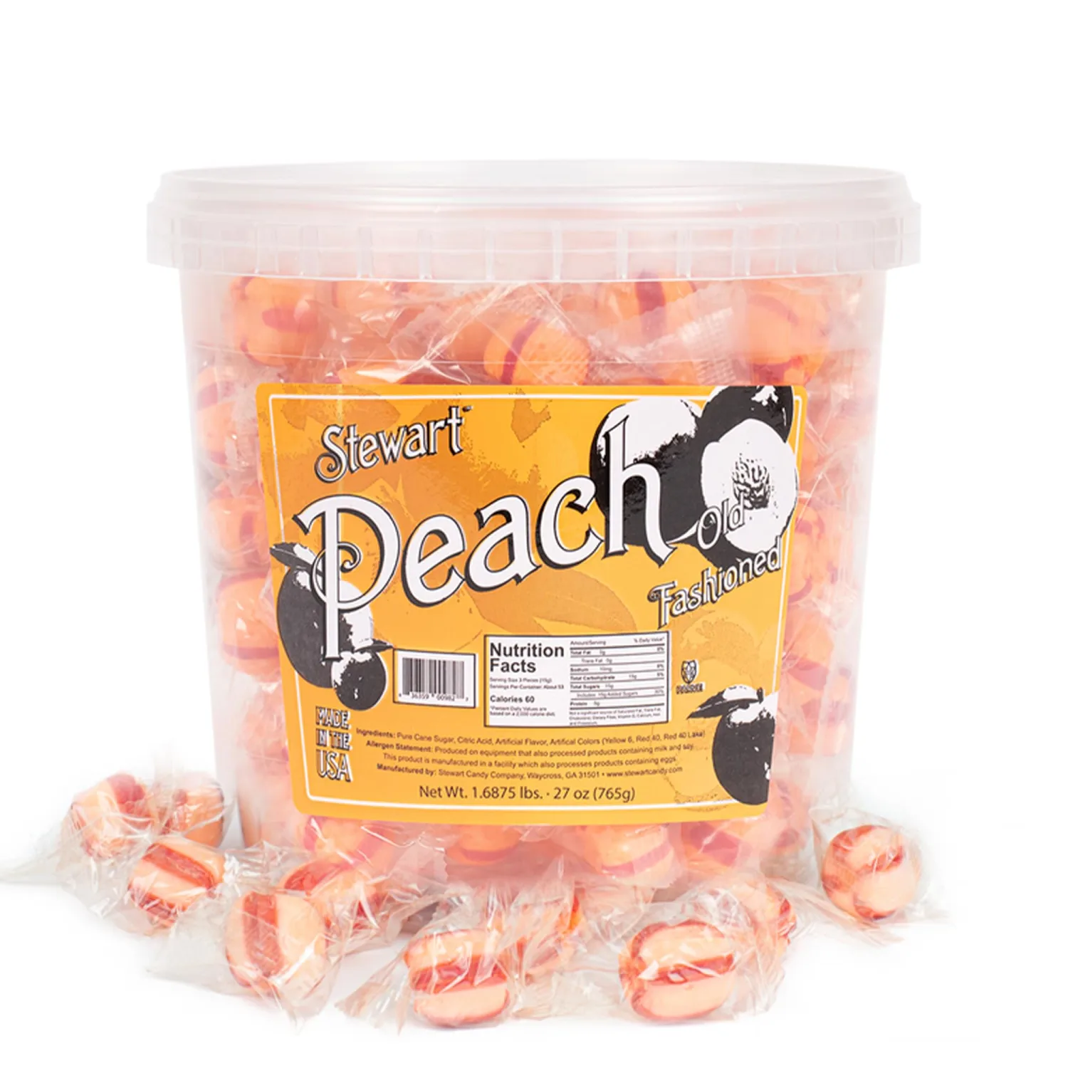 Stewart Old Fashioned Peach Candy Puffs | Individually Wrapped Candy | Pure Cane Sugar Candy | Fat-Free, Cholesterol-Free, Gluten-Free | Classic Soft/Hard Texture, Made in USA - 27 oz Tub