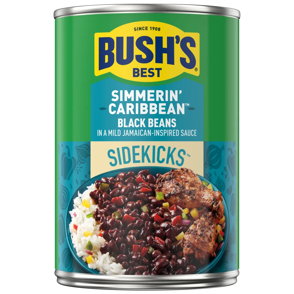 BUSH'S BEST 15.2 oz Canned Black Beans Simmerin' Caribbean Sidekicks, Source of Plant Based Protein and Fiber, Low Fat, Gluten Free, (Pack of 12)