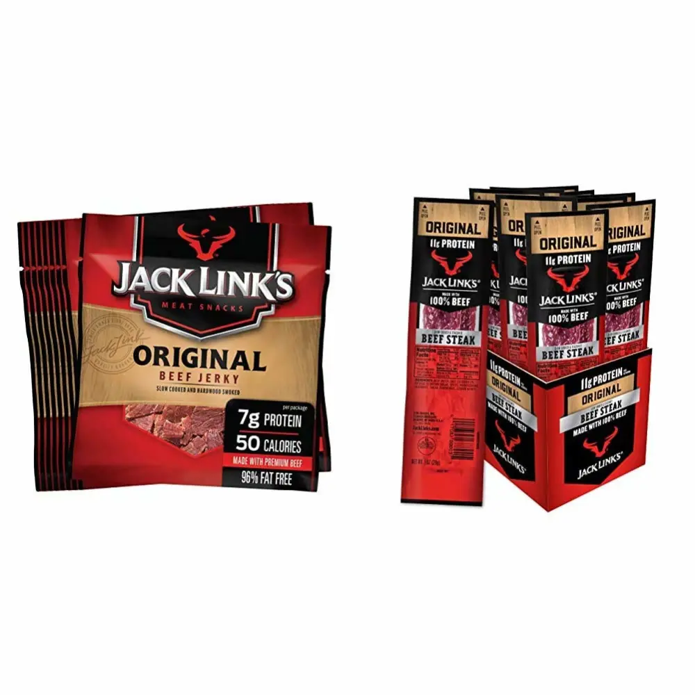 Jack Link’s Beef Jerky, Original, 0.625 Ounce – Flavorful Meat Snack for Lunches, Ready to Eat – 7g of Protein (Pack of 20) & Premium Cuts Beef Steak, Original, 1-Ounce (Pack of 12)