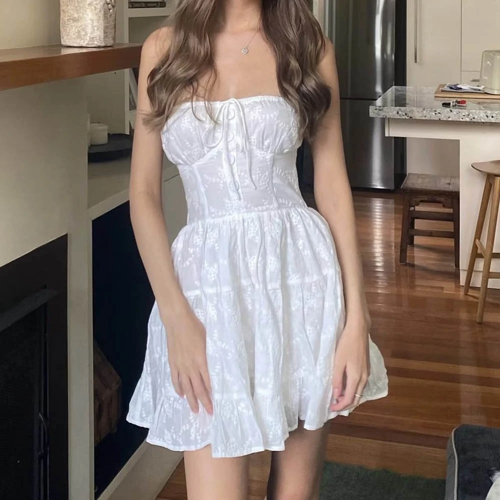 Sweet Spring Women's Party White Chest Wrap Lace Dress