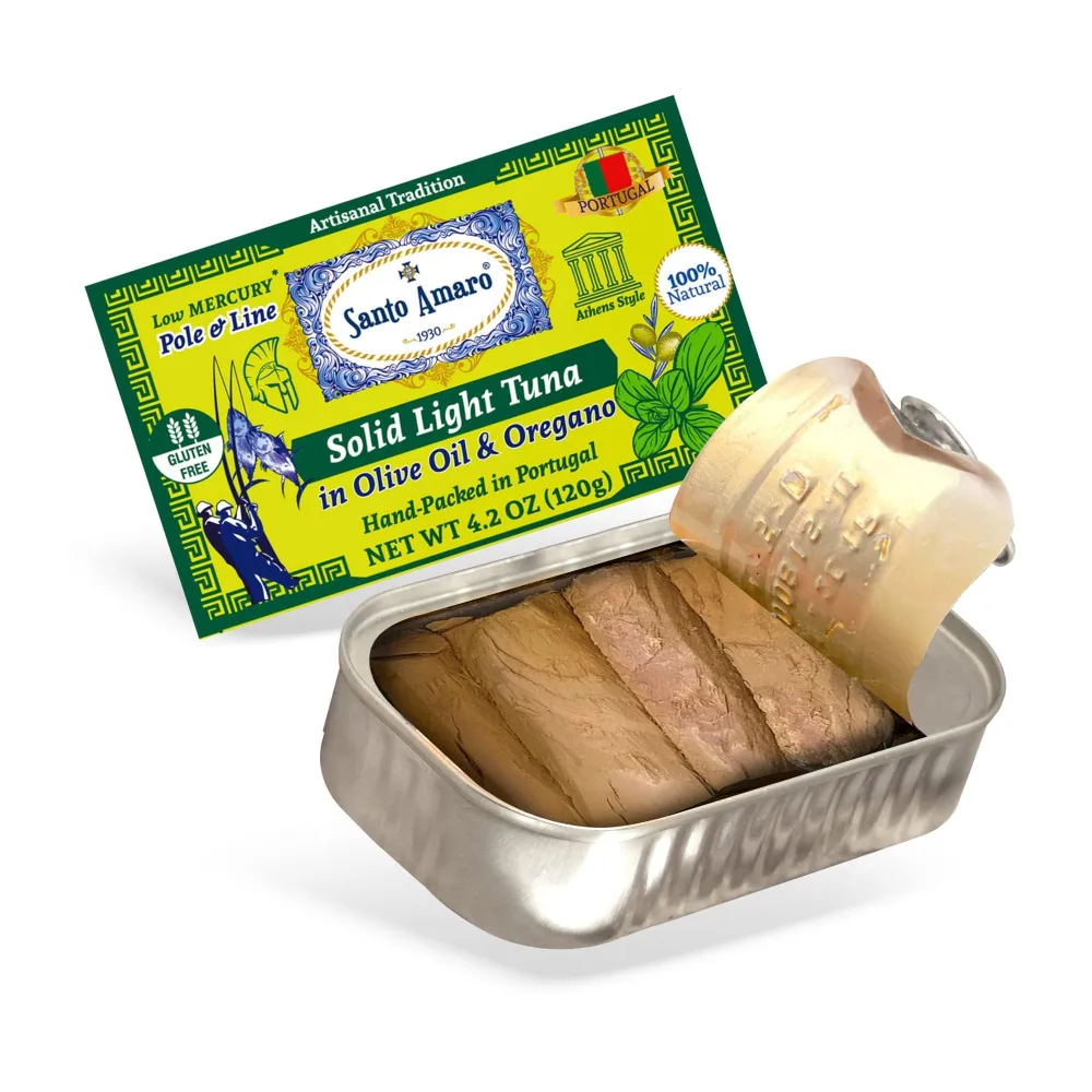 Santo Amaro - Artisanal Wild Tuna Fillets in Olive Oil & Oregano, Pole & Line Caught Tuna from Portugal, Hand-Packed Athens-Style Canned Tuna Fish, 22g Protein, Paleo, Keto, Low Mercury, Pack of 3