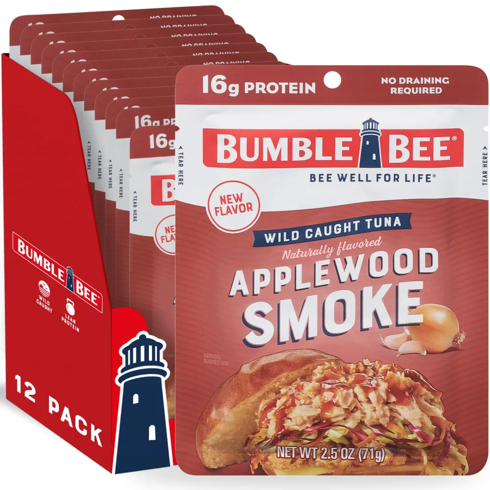 Bumble Bee Applewood Smoke Tuna, 2.5 oz Pouches (Pack of 12) - Ready to Eat - Wild Caught Tuna Pouch - 16g Protein per Serving - No Draining Required