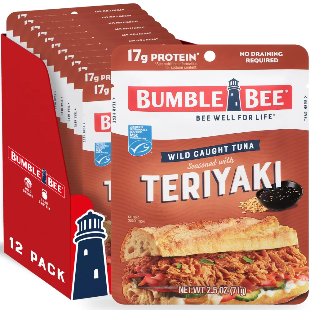 Bumble Bee Teriyaki Seasoned Tuna, 2.5 oz Pouches (Pack of 12) - Ready to Eat - Wild Caught - 17g Protein per Serving - No Draining Required