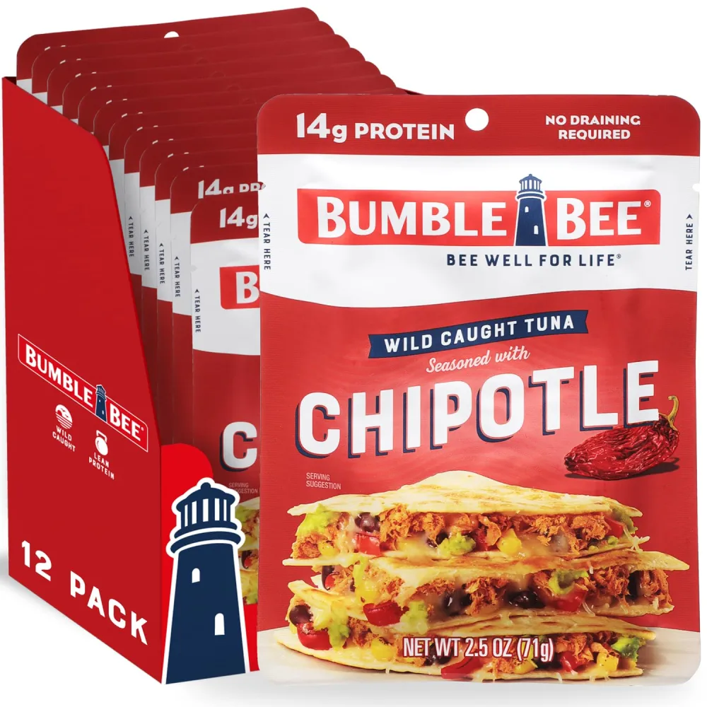 Bumble Bee Chipotle Seasoned Tuna, 2.5 oz Pouches (Pack of 12) - Ready to Eat - Wild Caught Tuna Pouch - 14g Protein per Serving - Gluten Free