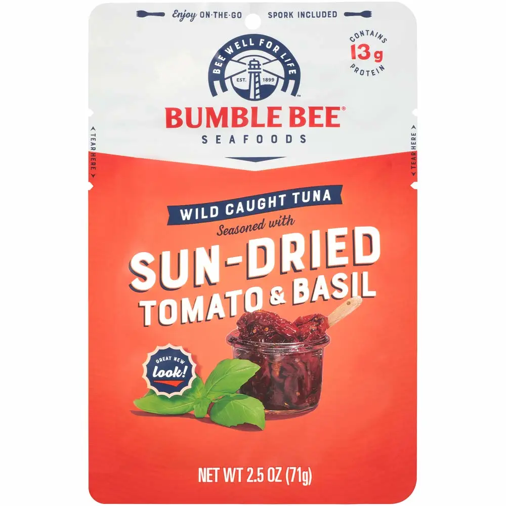 Bumble Bee Sun-Dried Tomato & Basil Seasoned Tuna, 2.5 oz Pouch (Pack of 1) - Ready to Eat, Spork Included - Wild Caught Tuna Packet - 13g Protein per Serving - Gluten Free