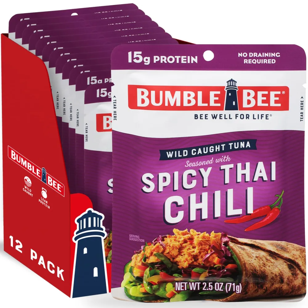 Bumble Bee Spicy Thai Chili Seasoned Tuna, 2.5 oz Pouches (Pack of 12) - Ready to Eat - Wild Caught Tuna Pouch - 15g Protein per Serving - Gluten Free