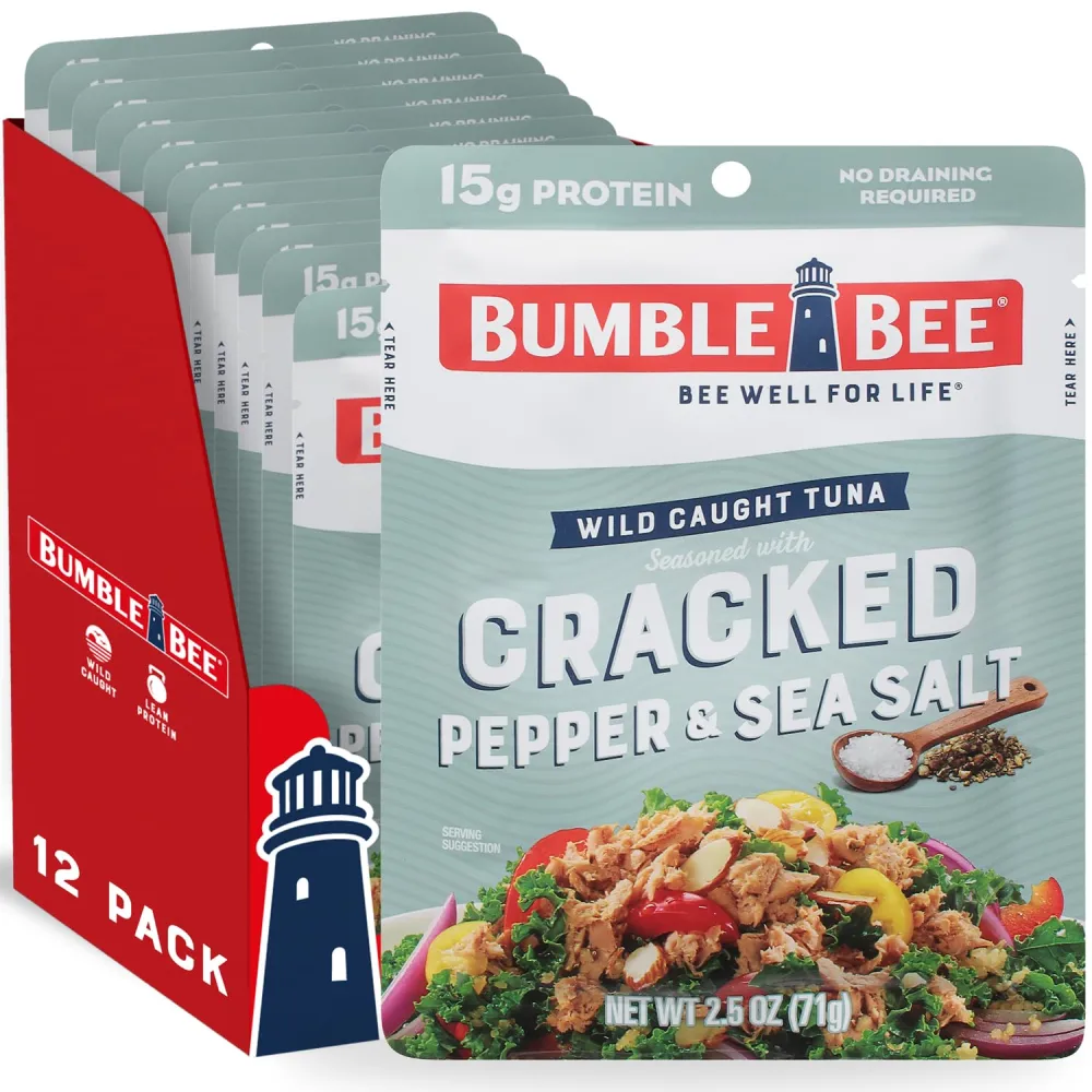 Bumble Bee Cracked Pepper & Sea Salt Seasoned Tuna, 2.5 oz Pouches (Pack of 12) - Ready to Eat - Wild Caught Tuna Pouch - 15g Protein per Serving - Gluten Free