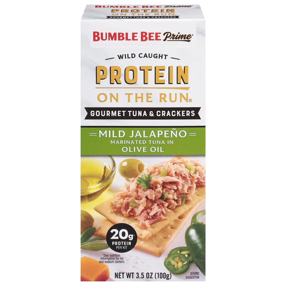 Bumble Bee Prime Protein on the Run Tuna Snack Kit- Gourmet Tuna Fish Marinated in Olive Oil & Mild Jalapeño - Savory Crackers - Sweet Caramel - Serving Utensil - 17g of Protein Per Serving, 3.5 Ounce Box (1-Pack)