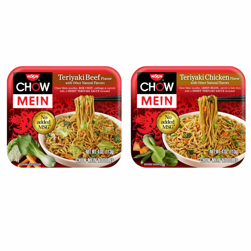 Nissin Chow Mein Noodles, Teriyaki Chicken Flavor in bundle with Teriyaki Beef Flavor 4 oz. each (4 pack)