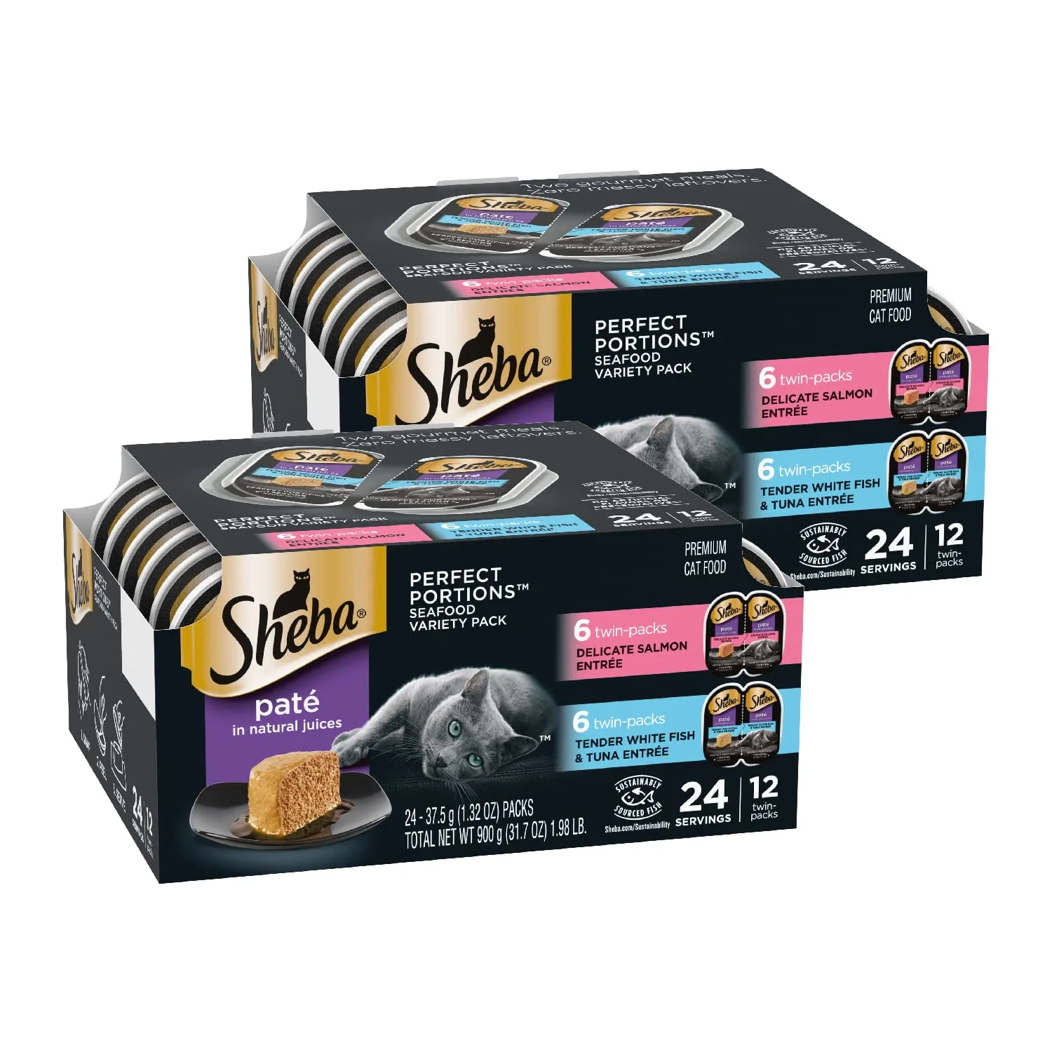 SHEBA PERFECT PORTIONS Cuts in Gravy Adult Wet Cat Food Tray, Delicate Salmon and Tender Whitefish & Tuna Entrée, Twin-Pack - 12 Count (Pack of 2)
