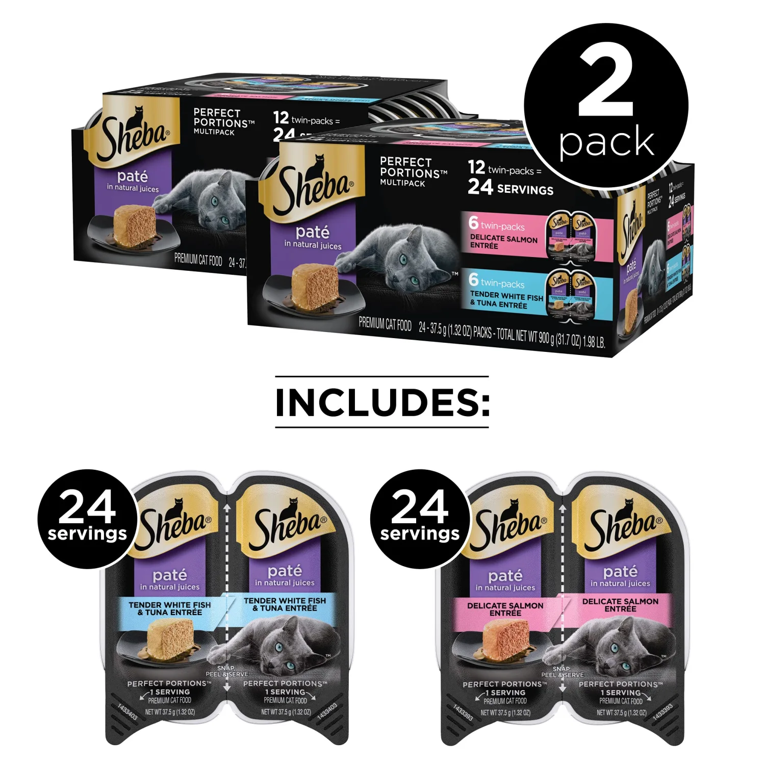 SHEBA PERFECT PORTIONS Cuts in Gravy Adult Wet Cat Food Tray, Delicate Salmon and Tender Whitefish & Tuna Entrée, Twin-Pack - 12 Count (Pack of 2)