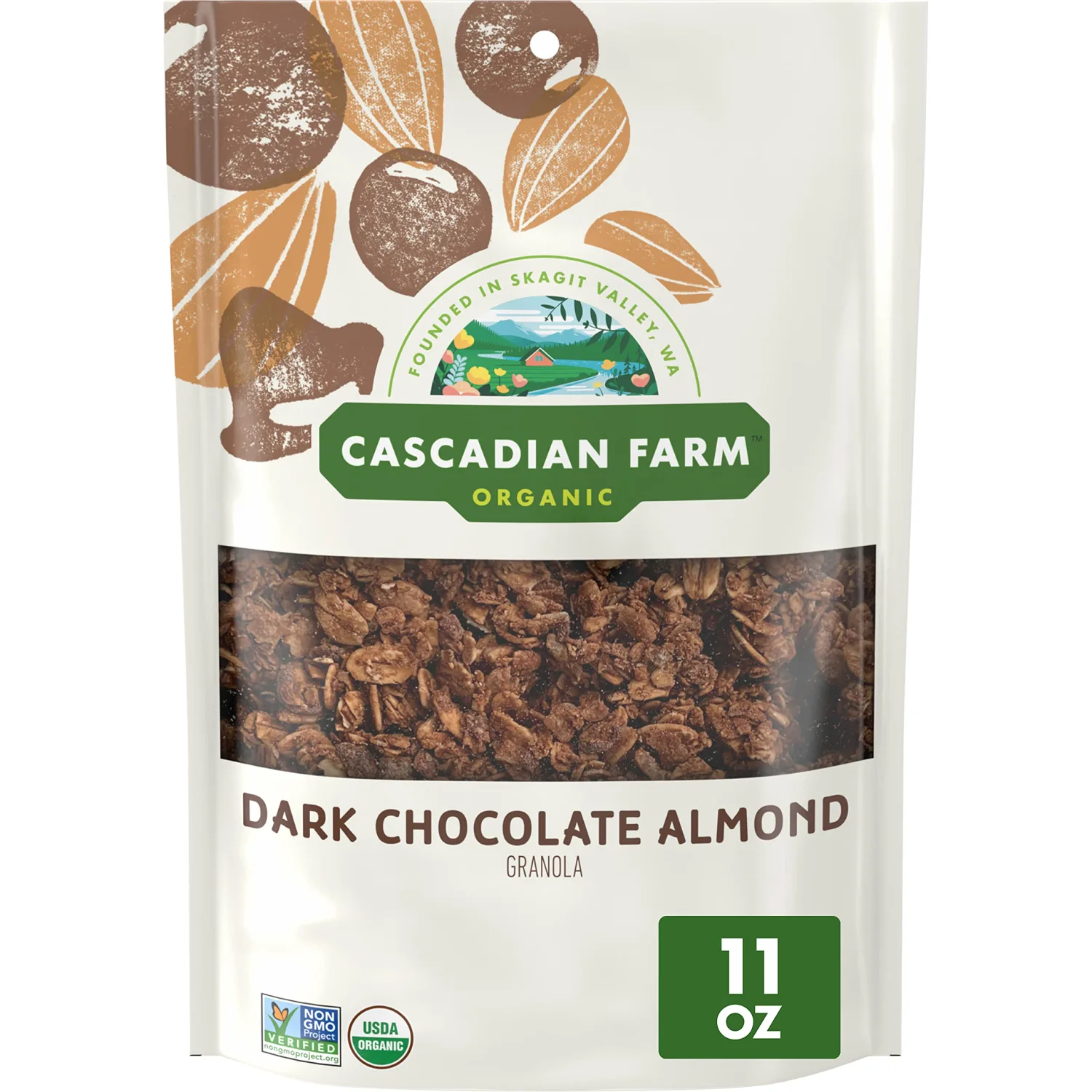 Cascadian Farm Organic Granola, Dark Chocolate Almond Cereal, Resealable Pouch, 11 oz.