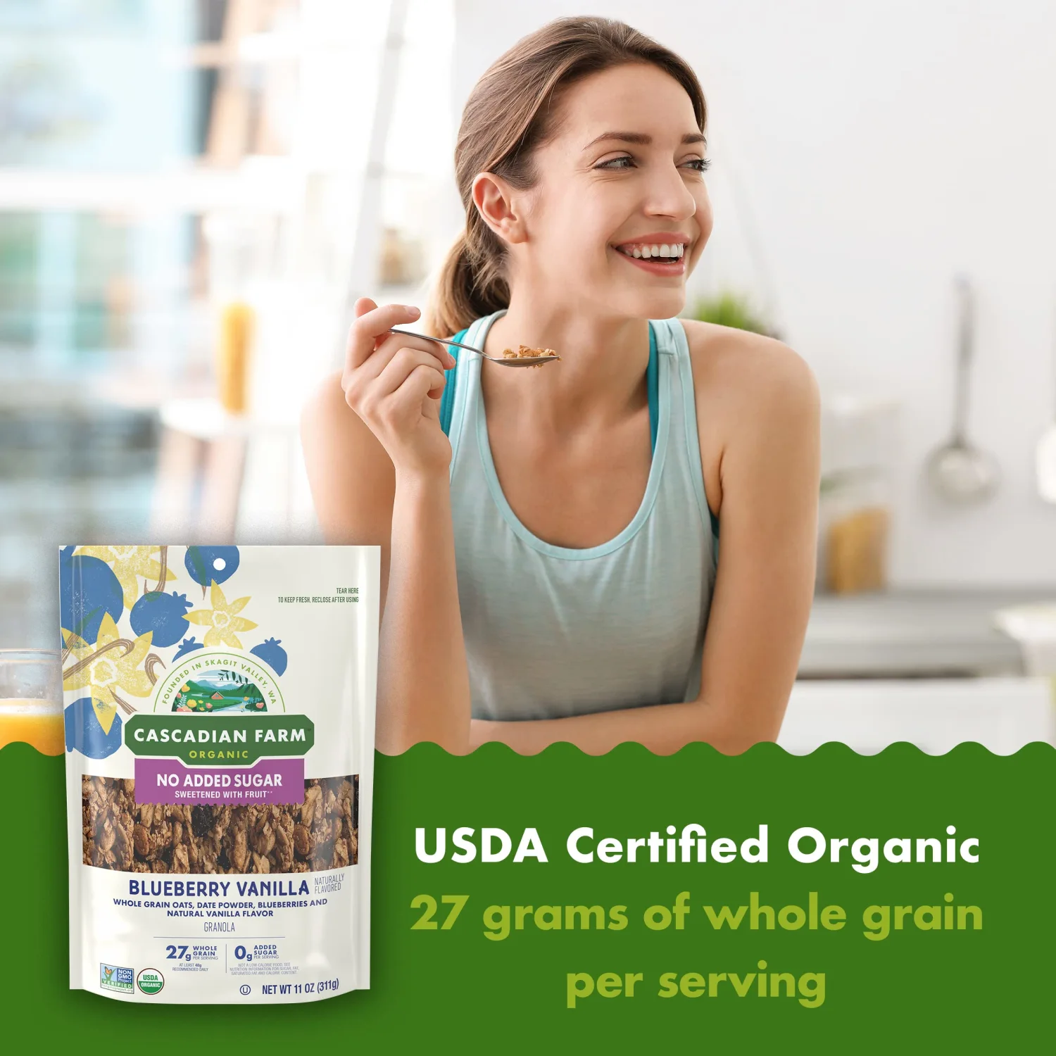 Cascadian Farm Organic Granola with No Added Sugar, Blueberry Vanilla Cereal, Resealable Pouch, 11 oz.