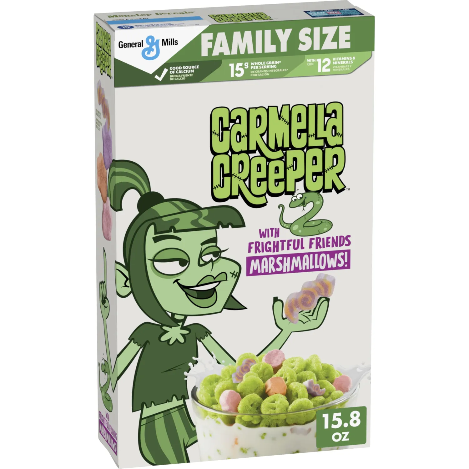 Carmella Creeper Cereal with Monster Marshmallows, Caramel Apple Flavored Kids Cereal, Limited Edition, Made with Whole Grain, Family Size, 15.8 oz