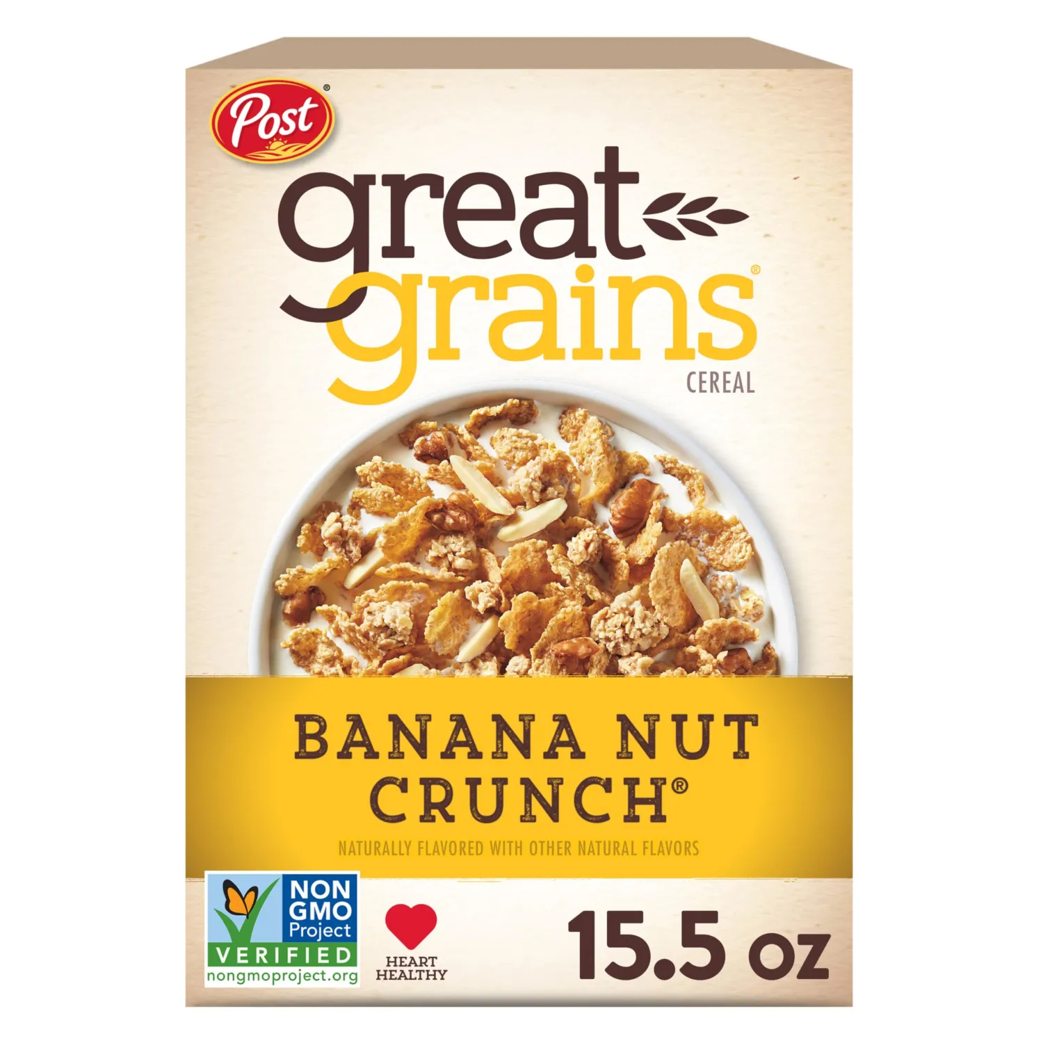 Post Great Grains Banana Nut Crunch Cereal, Cereal with Banana Clusters and Sliced Almonds, Non-GMO Project Verified, 15.5 OZ Box
