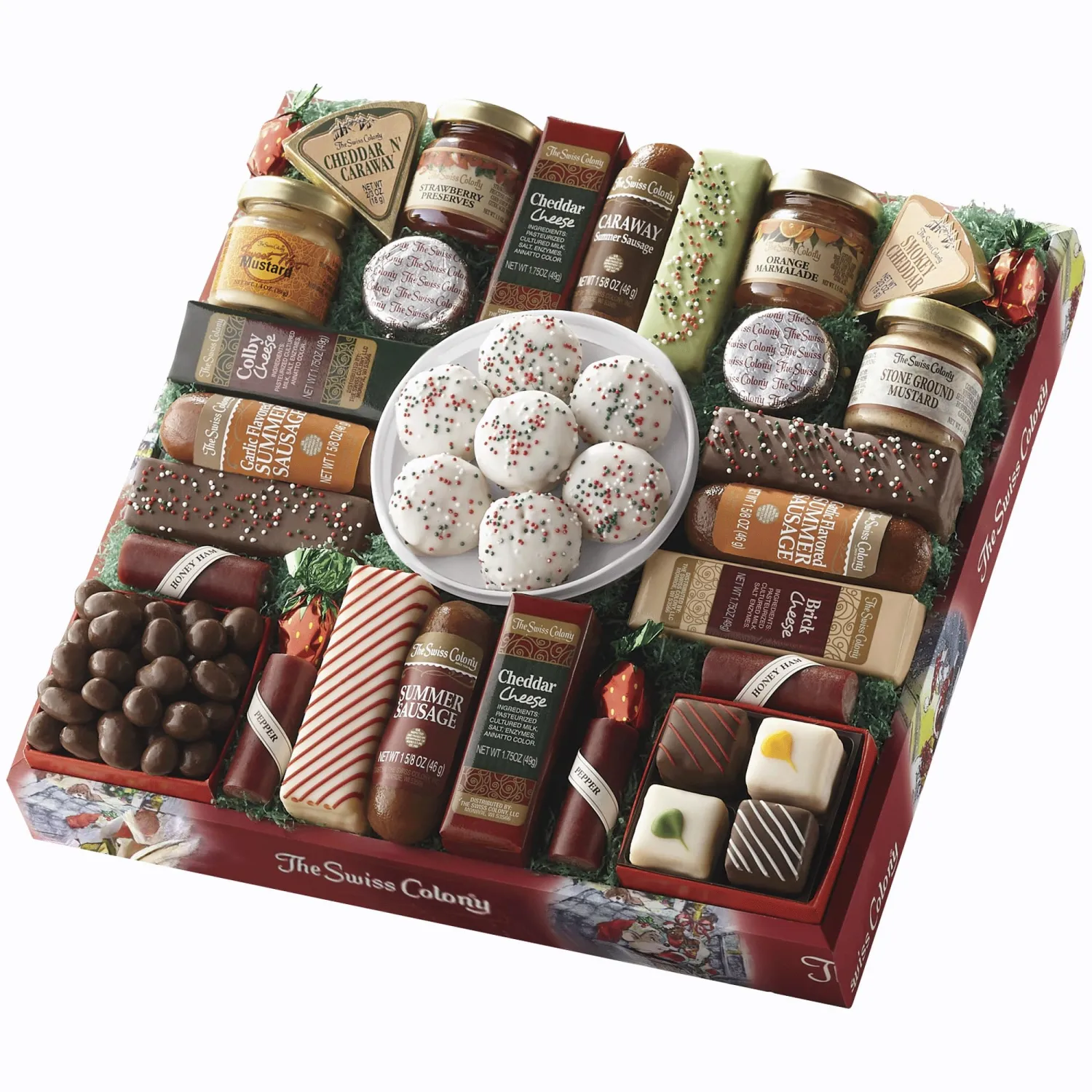The Swiss Colony 27 Favorites Food Gift Set, Summer Sausage Meats and Cheeses, Assorted Chocolates, Candies, Petits Fours, Cheese & Charcuterie Board Gifts Basket, Holiday, Christmas - Holiday Red Box