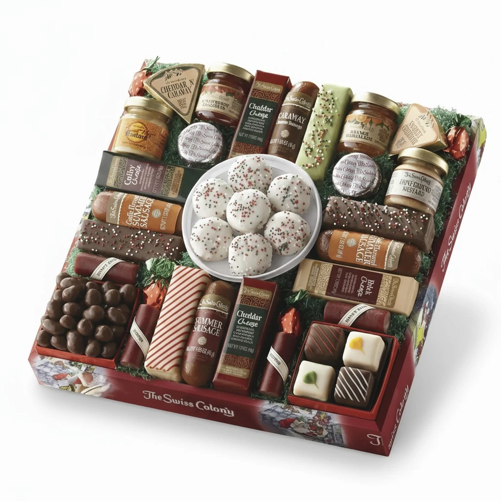 The Swiss Colony 27 Favorites Food Gift Set, Summer Sausage Meats and Cheeses, Assorted Chocolates, Candies, Petits Fours, Cheese & Charcuterie Board Gifts Basket, Holiday, Christmas - Holiday Red Box