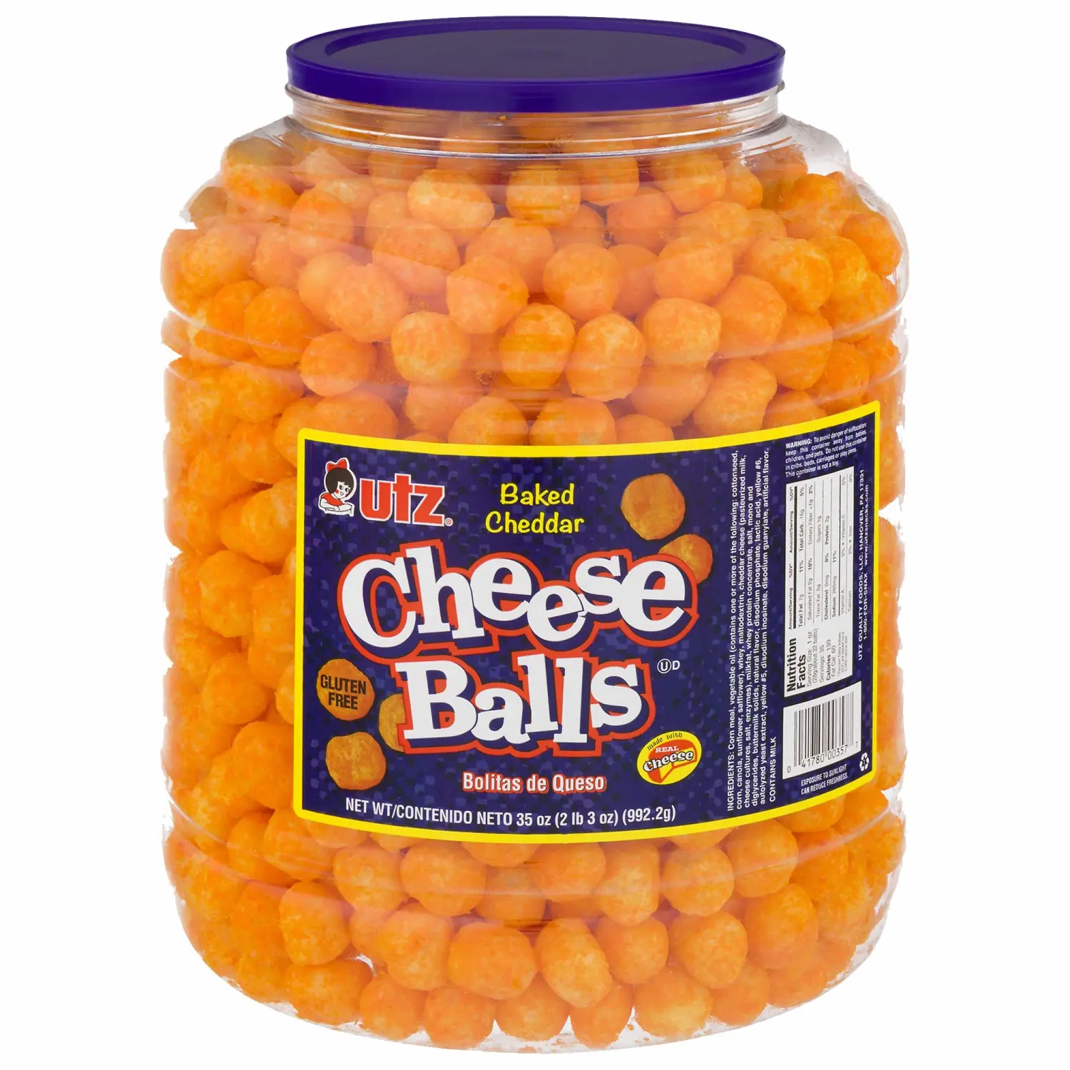 Utz Cheese Balls – 35 Ounce Barrel (2 lbs) – Made with Real Cheese, Resealable Container, Gluten Free, Easy and Quick Party Snack