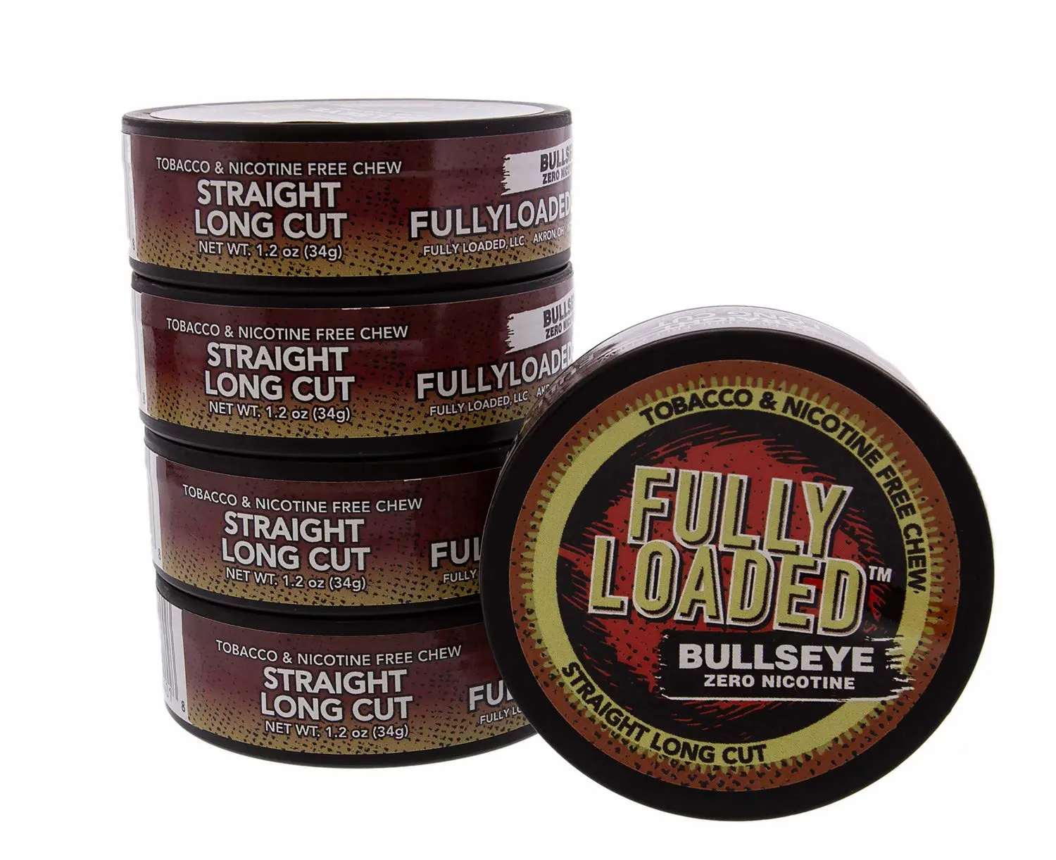 Fully Loaded Chew Tobacco and Nicotine Free Straight Bullseye Long Cut Authentic Flavor, Chewing Alternative- Cans