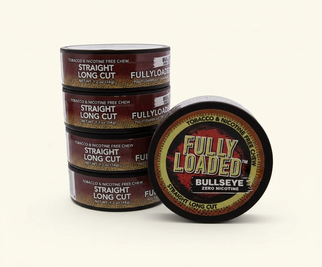 Fully Loaded Chew Tobacco and Nicotine Free Straight Bullseye Long Cut Authentic Flavor, Chewing Alternative- Cans