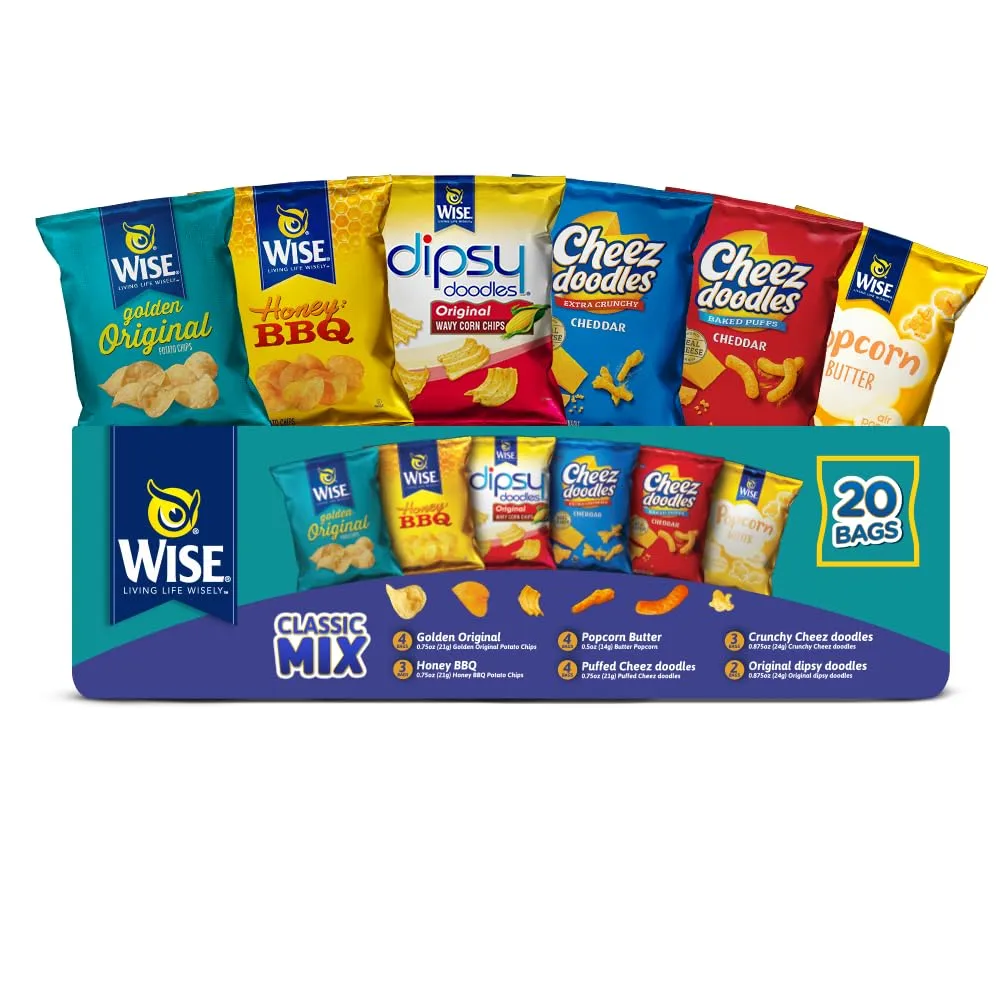 Wise Snacks Clasic Mix Variety Pack (20 Count), Gluten Free, Snack Size Chips Bulk Box, Perfect for Lunches and Snacks Single Serve Packs