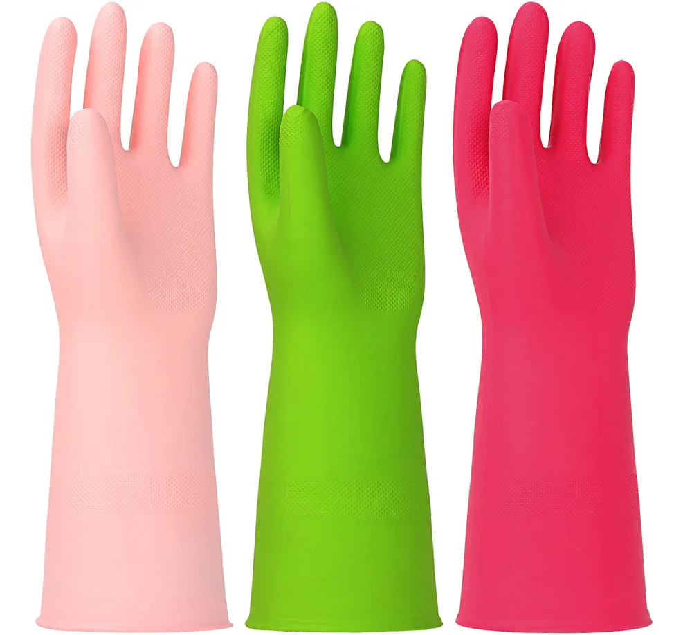 HINSOCHA 3 Pairs Rubber Cleaning Gloves Latex Free Dishwashing Gloves - 13" Reusable Nitrile Gloves Small, Green+Pink+Red