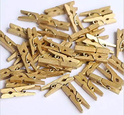 iKammo 50pcs Wood Gold Clothespins Mini Wooden Gold Clothes Pins 1.38 inch Gold Photo Peg Pin Compatible Wrapping, Picture Hanging, Arts&Crafts, Photo Display (Gold, 3.5 * 0.7cm)