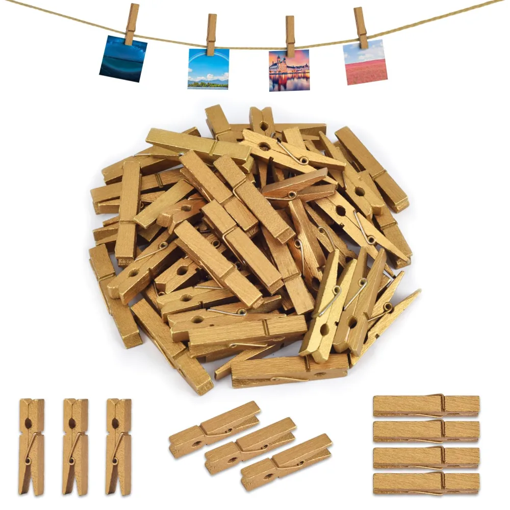 50PCS Gold Wooden ClothesPins for Photos -1.77 inch Gold Wood Clothes pins Natural Wooden Peg Pin Compatible Gift Wrapping, Picture Hanging, Arts&Crafts, Photo Display (Gold, 4.5 * 0.7cm)