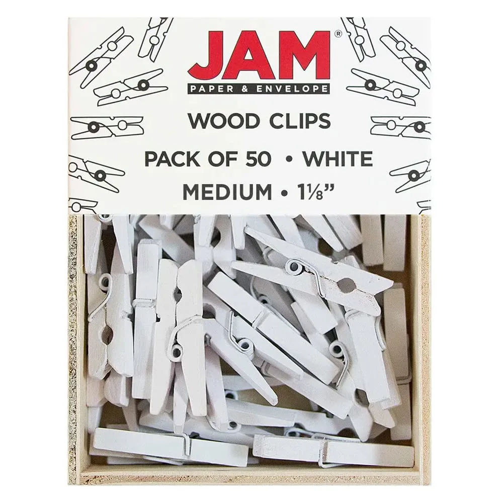 JAM PAPER Wood Clip Clothespins - Medium - 1 1/8 Inch - White - 50 Clothes Pins/Pack