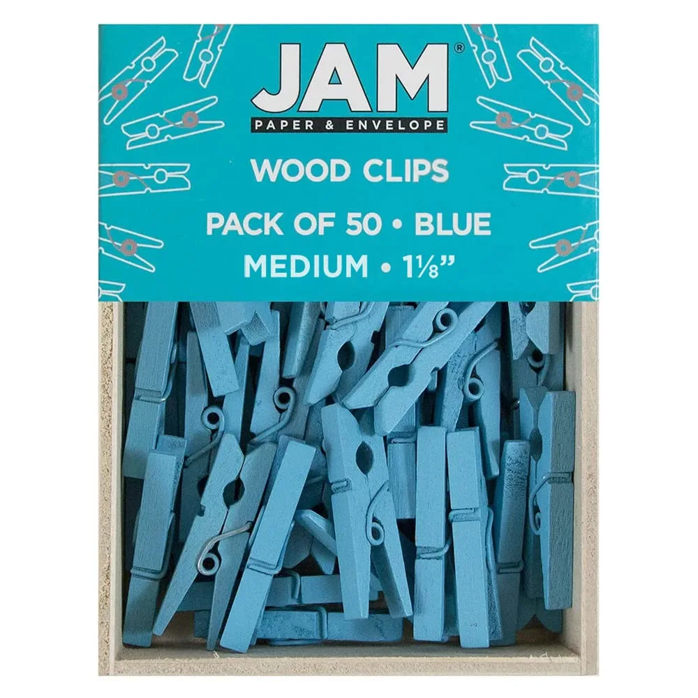 JAM PAPER Wood Clip Clothespins - Medium - 1 1/8 Inch - Blue - 50 Clothes Pins/Pack