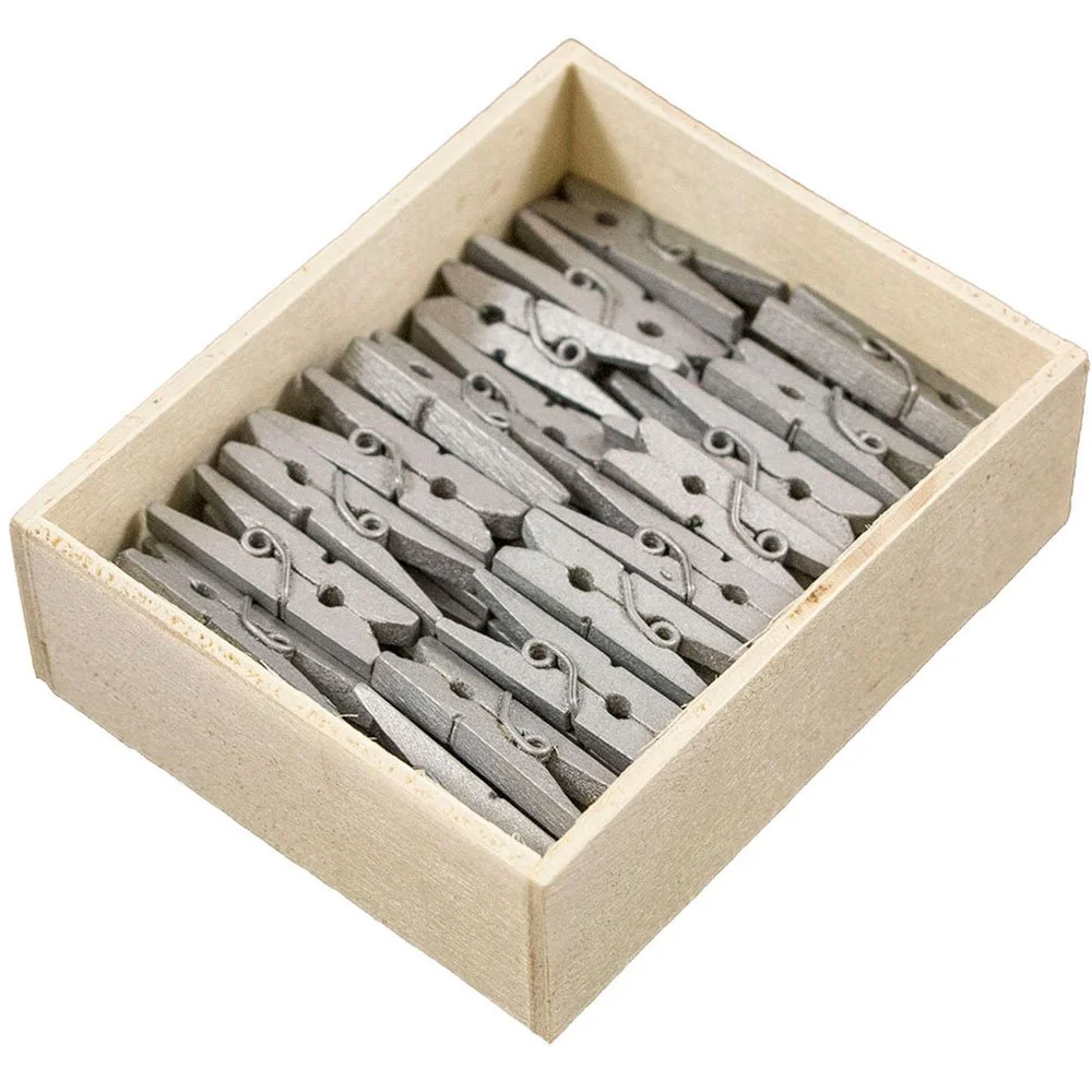 JAM PAPER Wood Clip Clothespins - Medium - 1 1/8 Inch - Silver - 50 Clothes Pins/Pack