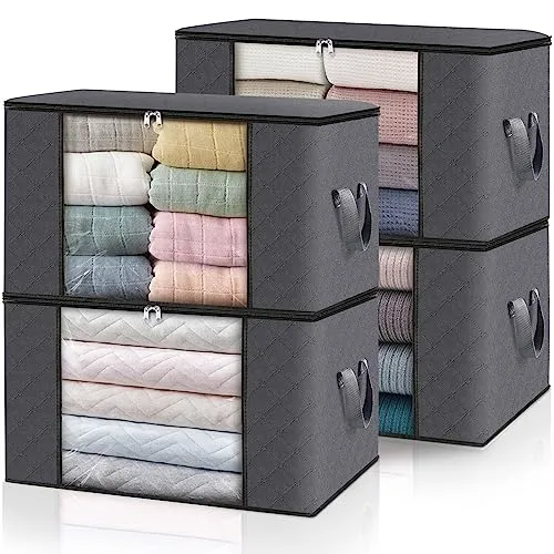 HomeHacks Storage 4-Pack Clothes Organizer Storage Bags Foldable Storage Box with Large Clear Window Sturdy Handles for Closet, Dorm, Pillows, Bedding, Clothes, Stuffed Toys, Blankets, 60L, Grey