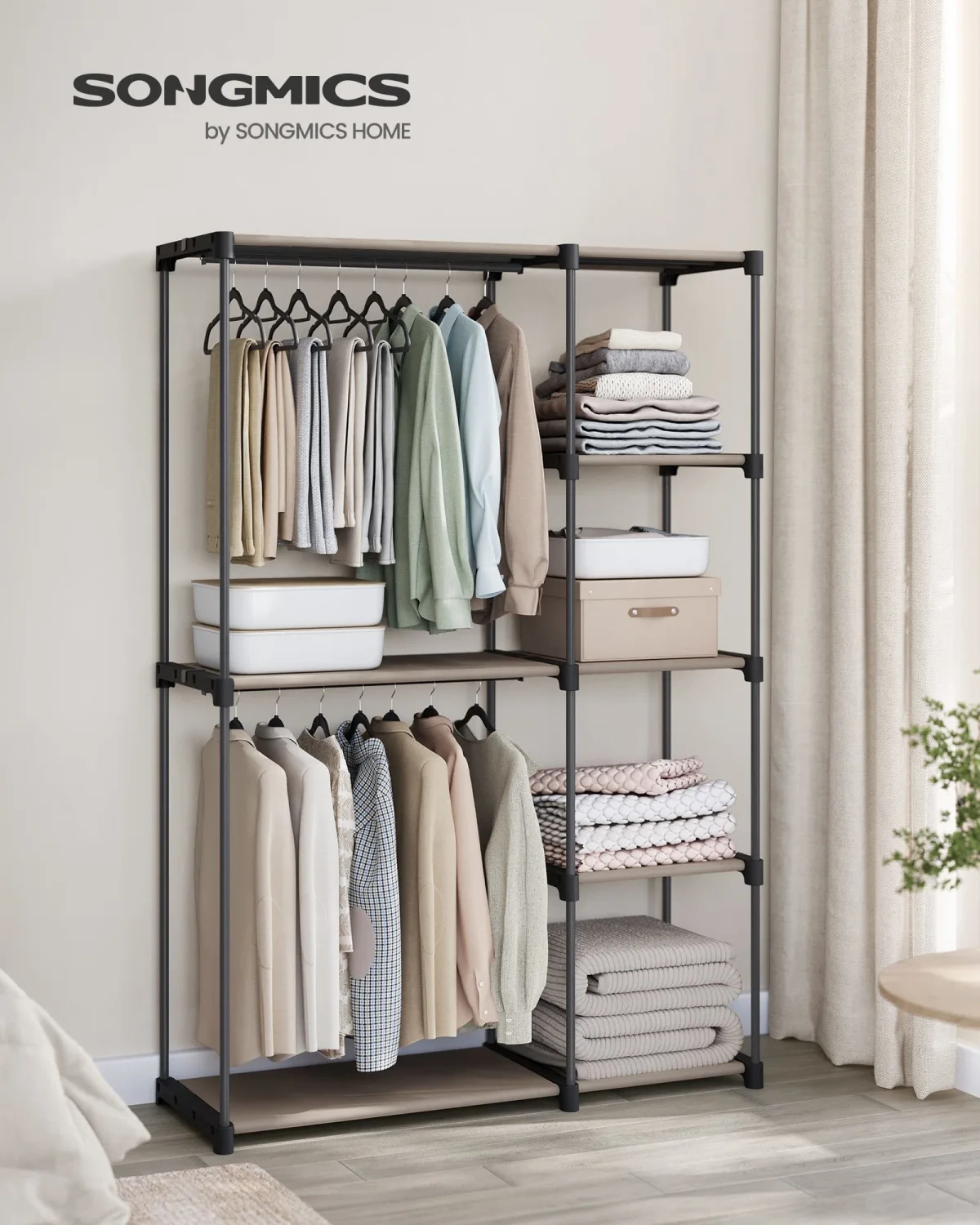 SONGMICS Portable Closet, Freestanding Closet Organizer, Clothes Rack with Shelves, Hanging Rods, Storage Organizer, for Cloakroom, Bedroom, 48.8 x 16.9 x 71.7 Inches, Taupe URYG026R02
