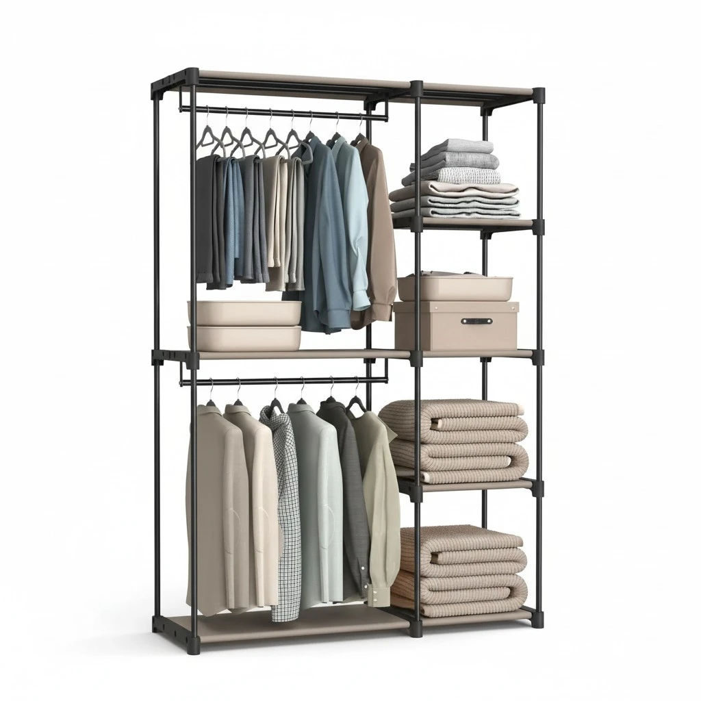 SONGMICS Portable Closet, Freestanding Closet Organizer, Clothes Rack with Shelves, Hanging Rods, Storage Organizer, for Cloakroom, Bedroom, 48.8 x 16.9 x 71.7 Inches, Taupe URYG026R02