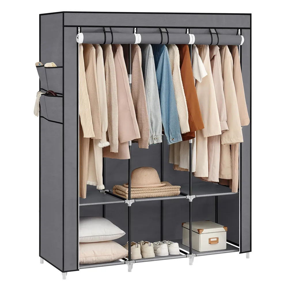 SONGMICS Portable Closet, Wardrobe Closet Organizer with Cover, 3 Hanging Rods and Shelves, 4 Side Pockets, 51.2 x 17.7 x 65.7 Inches, Large Capacity for Bedroom, Living Room, Gray URYG092G02