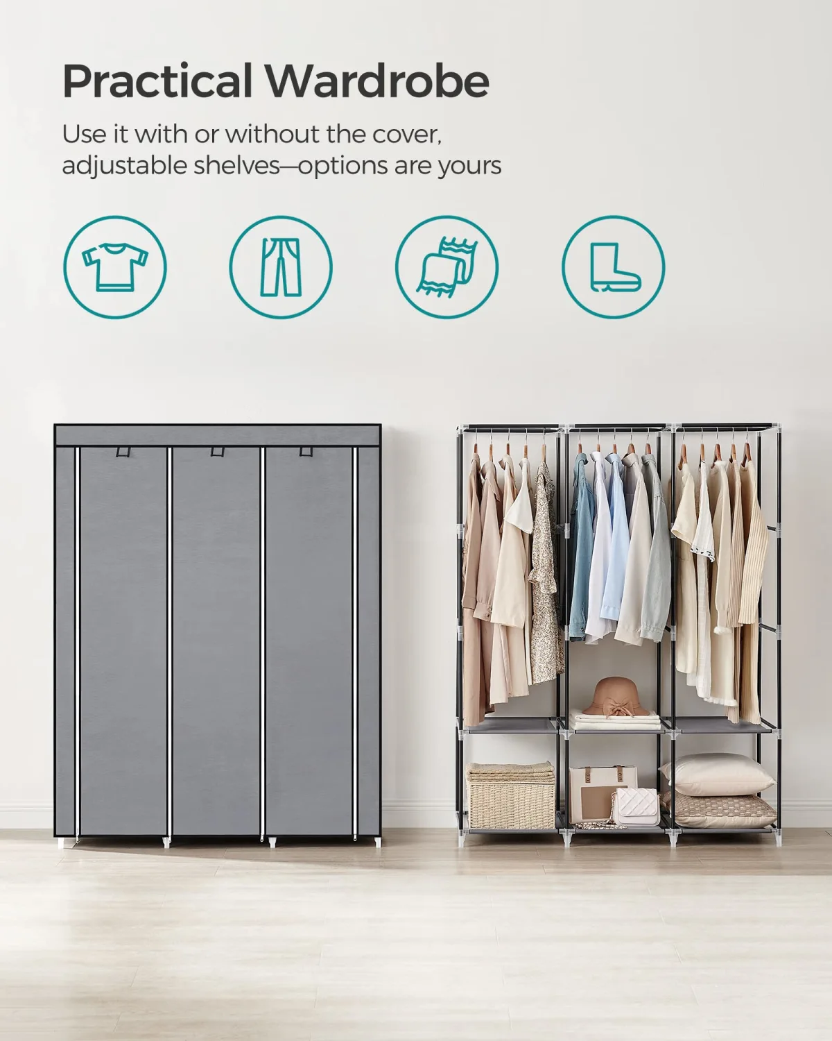 SONGMICS Portable Closet, Wardrobe Closet Organizer with Cover, 3 Hanging Rods and Shelves, 4 Side Pockets, 51.2 x 17.7 x 65.7 Inches, Large Capacity for Bedroom, Living Room, Gray URYG092G02
