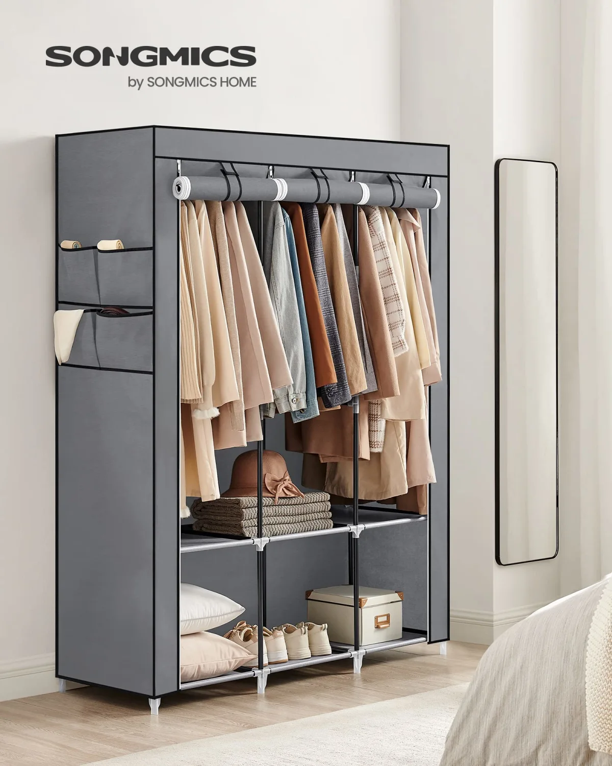 SONGMICS Portable Closet, Wardrobe Closet Organizer with Cover, 3 Hanging Rods and Shelves, 4 Side Pockets, 51.2 x 17.7 x 65.7 Inches, Large Capacity for Bedroom, Living Room, Gray URYG092G02