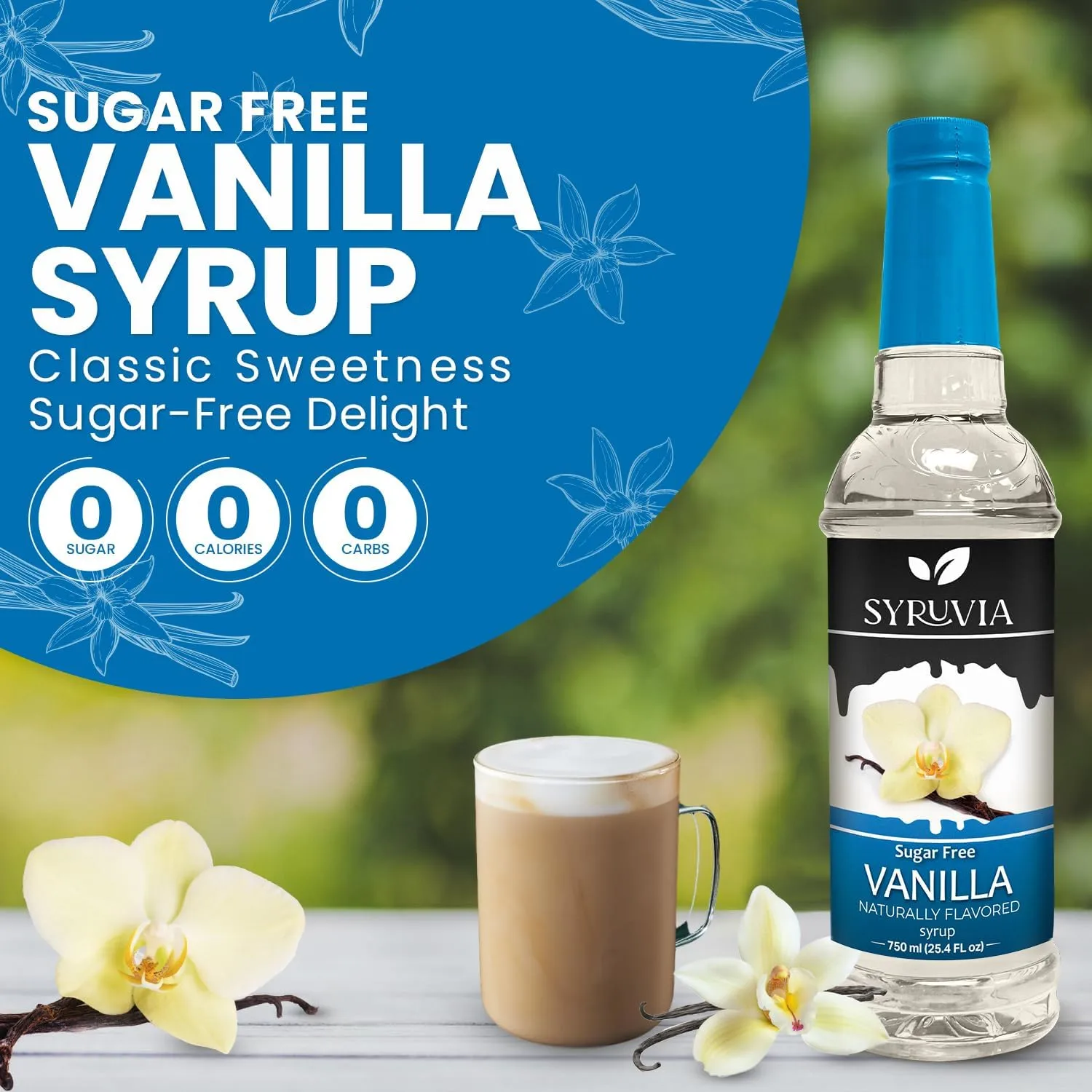 Syruvia Sugar Free Coffee Syrup, Vanilla Flavored Syrup for Drinks, Lattes, and Desserts – 25.4 fl oz