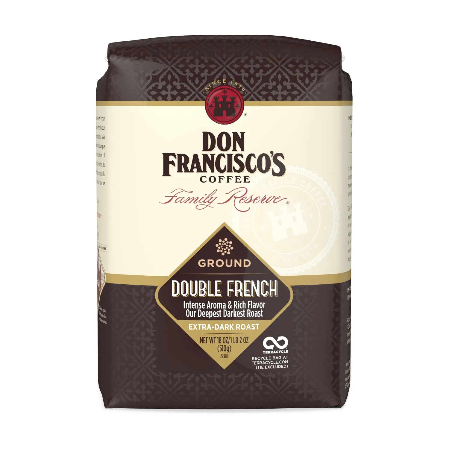 Don Francisco's Premium Double French Dark Roast Ground Coffee: 100% Arabica Beans, Bold & Smoky 18 oz Bag - Intense Flavor - Family Crafted Since 1870