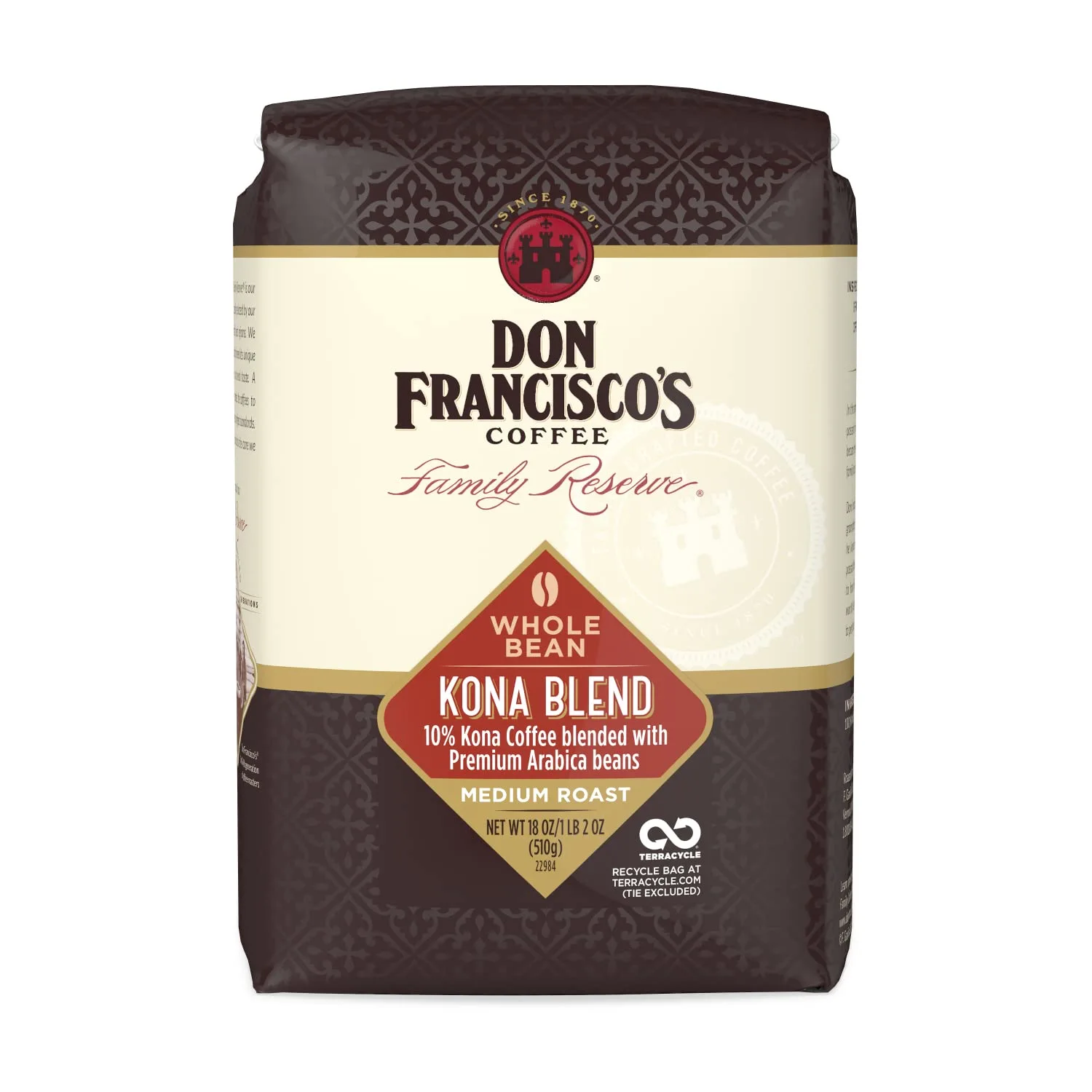 Don Francisco's Kona Blend Medium Roast Whole Bean Coffee - Delicate Flavor for Drip, Pour Over, and French Press (18 oz Bag)