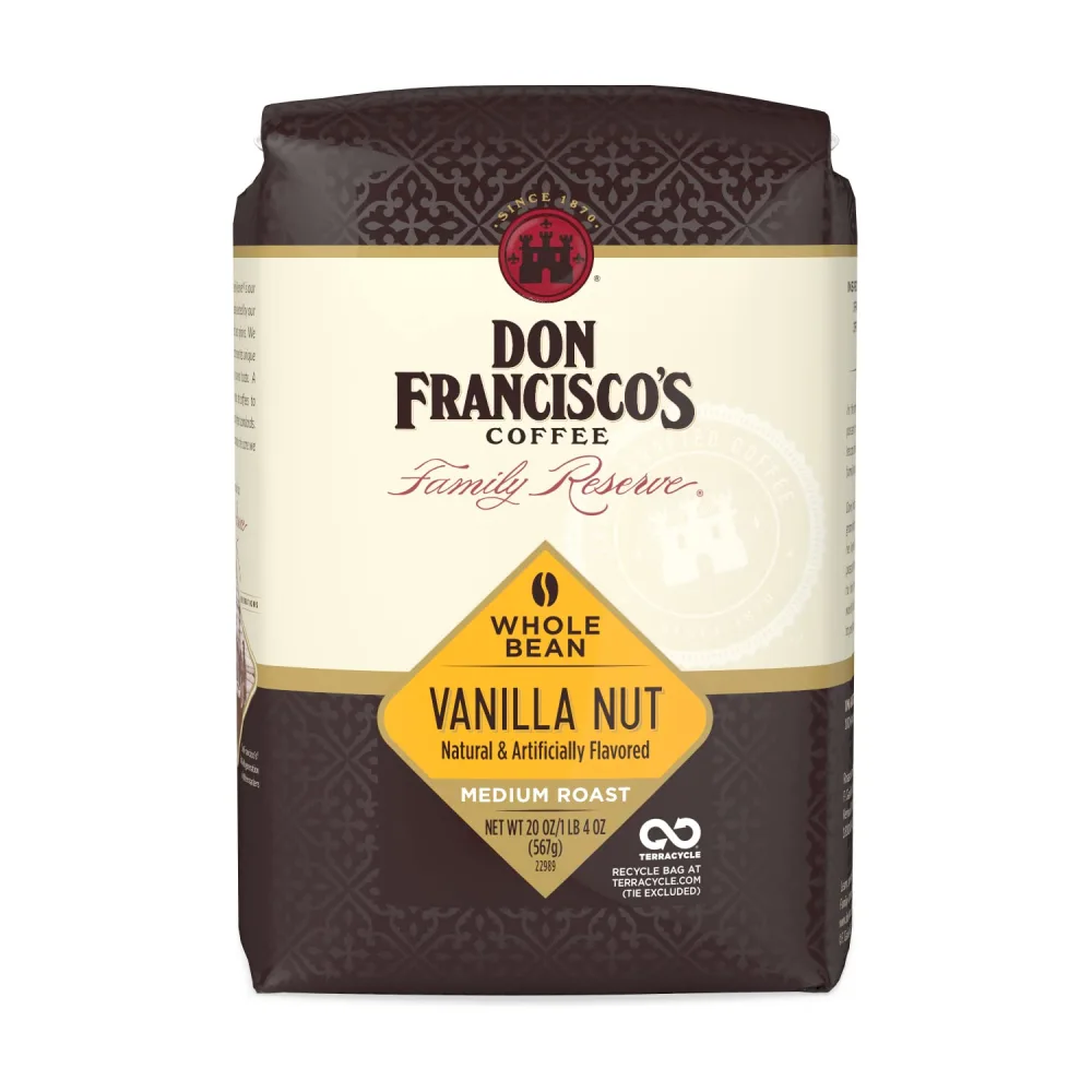 Don Francisco's Premium Vanilla Nut Medium Roast Whole Bean Coffee - 100% Arabica Beans, Perfect for Drip, Pour Over, and French Press - Carefully Sourced, Family-Crafted Since 1870 (20 oz Bag)